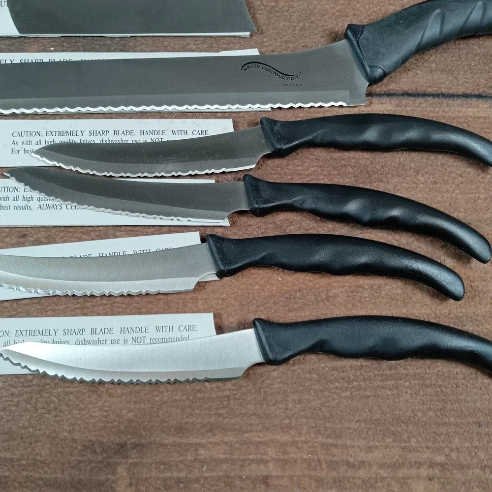 Katsu Contour Pro 7 Piece Knife Set Chopper Cleaver Slicer Steak Knives Black